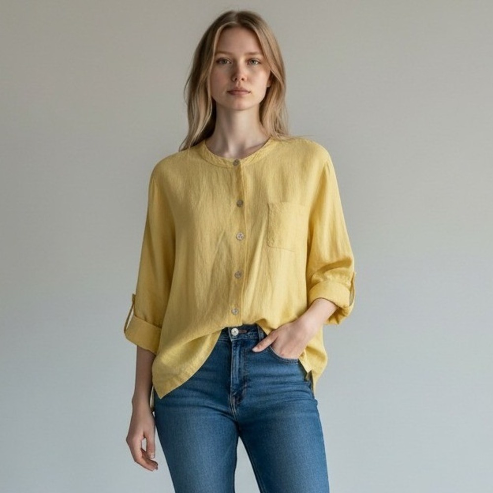 Vtg Hot Cotton Linen Button Down Shirt Womens XL Yellow Collar Pocket Lagenlook